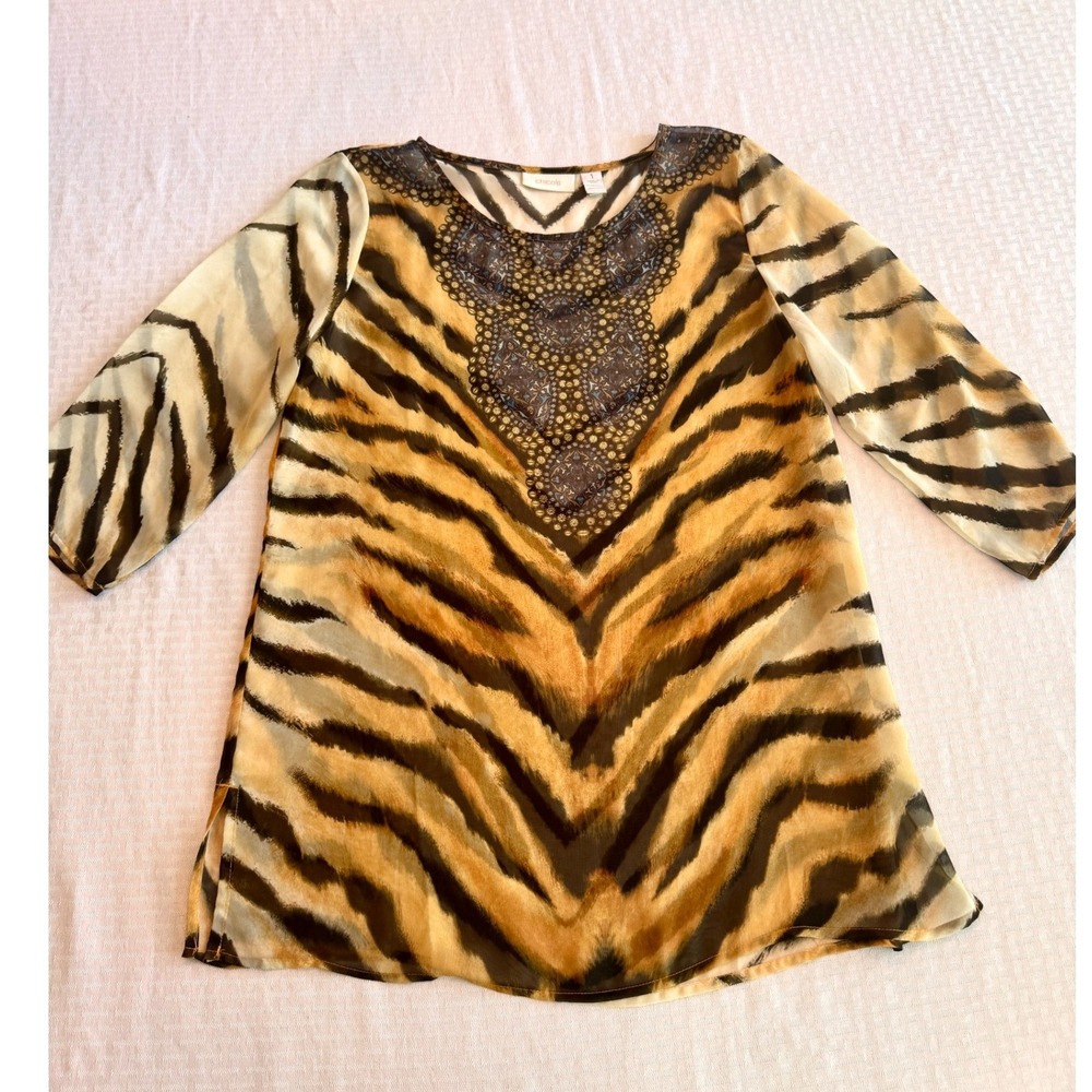 Chicos Tiger Print Animal Tunic Top Brown Orange Embellished Chiffon‎ Size 1 M